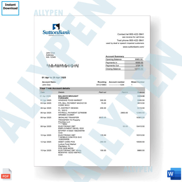 Sutton Bank Statement