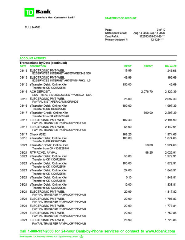 TD Bank Statement (US) TD Bank Statement - USA