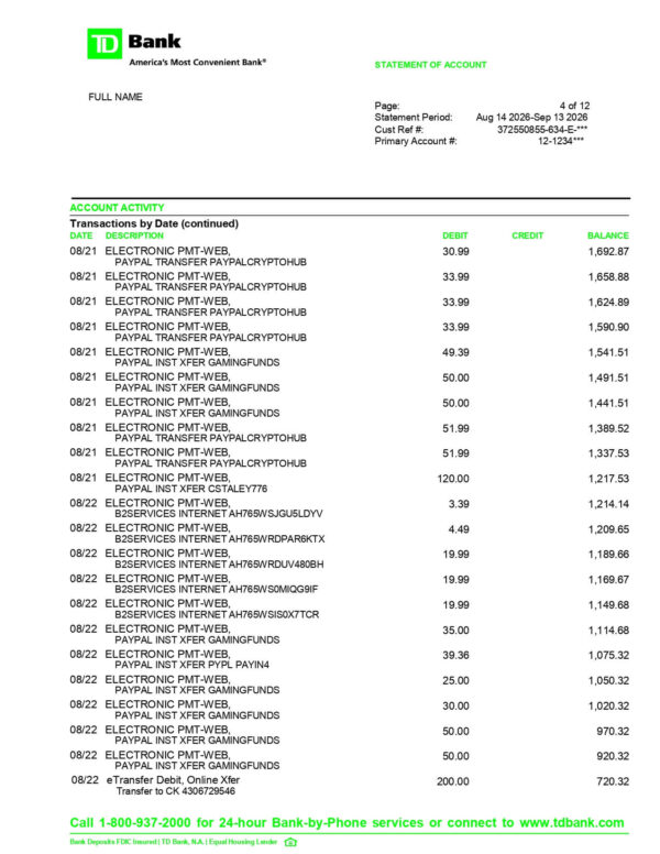 TD Bank Statement (US) TD Bank Statement - USA