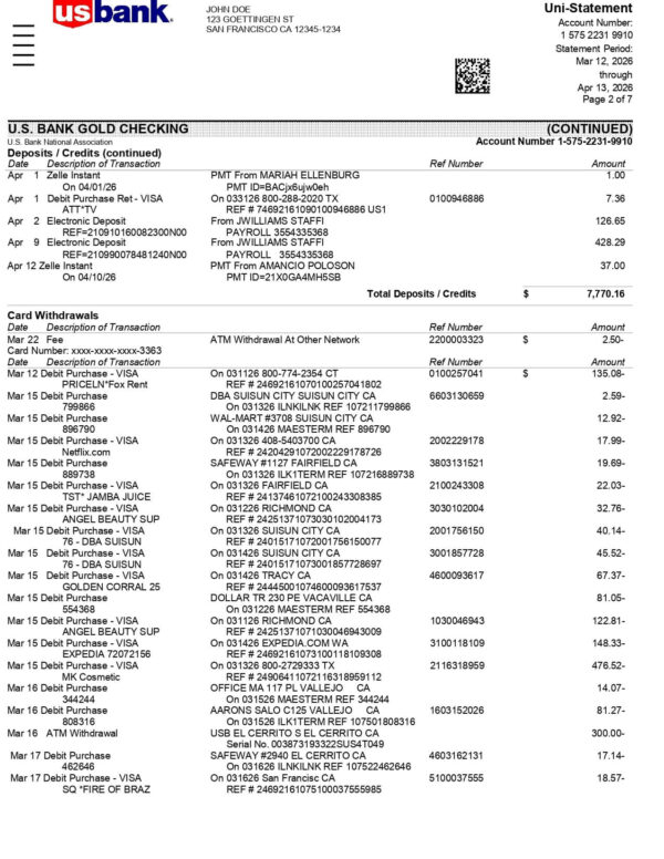 US Bank Statement - Personal US Bank Statement - Personal