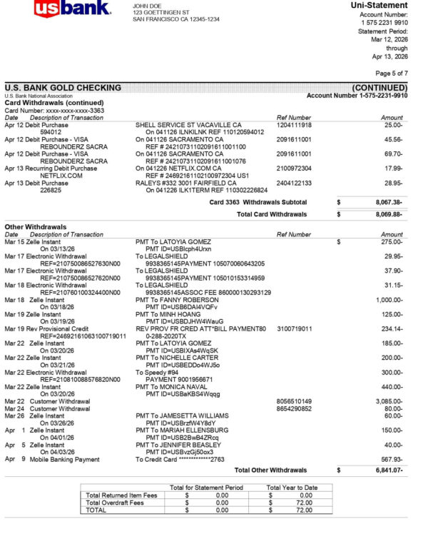 US Bank Statement - Personal US Bank Statement - Personal