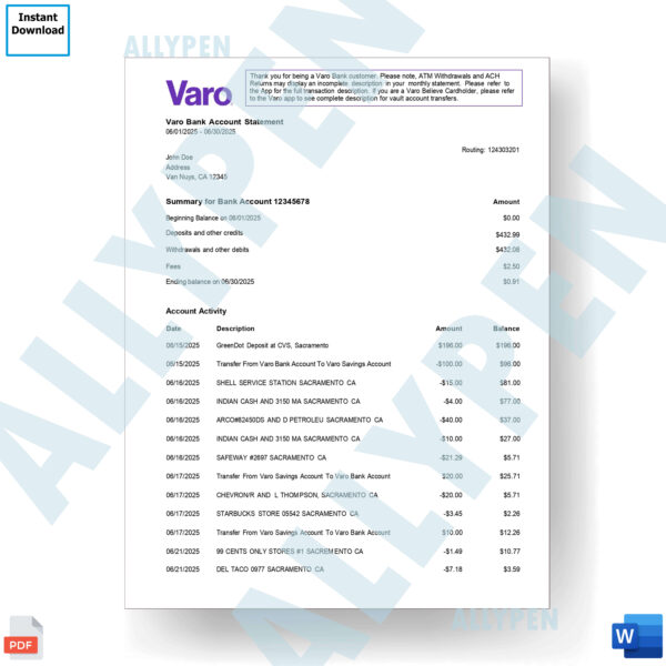 Varo Bank Statement