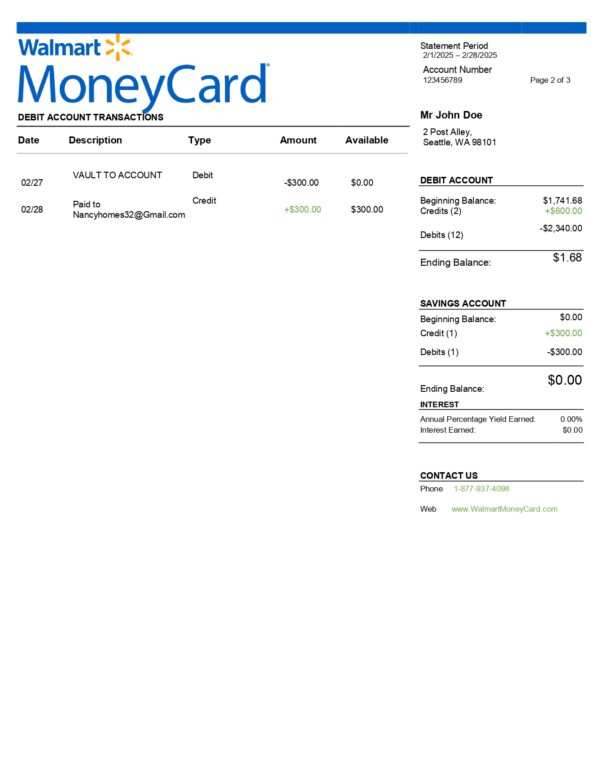 Walmart Money Card Statement