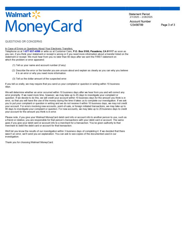 Walmart Money Card Statement