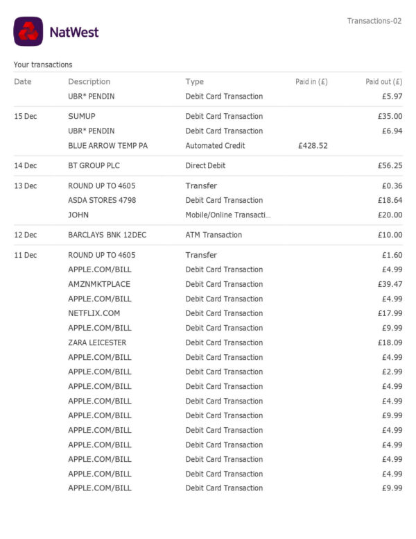 6 Months - NatWest Bank Statement