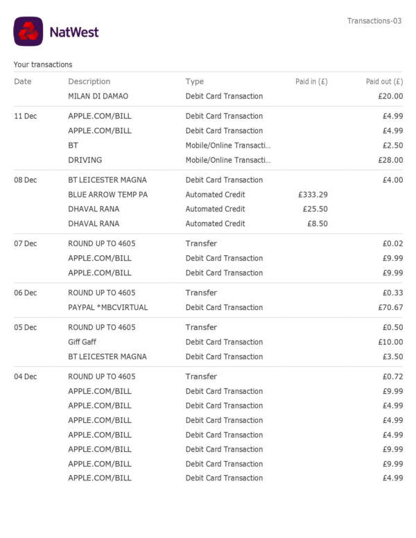 6 Months - NatWest Bank Statement