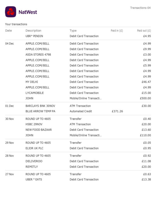 6 Months - NatWest Bank Statement