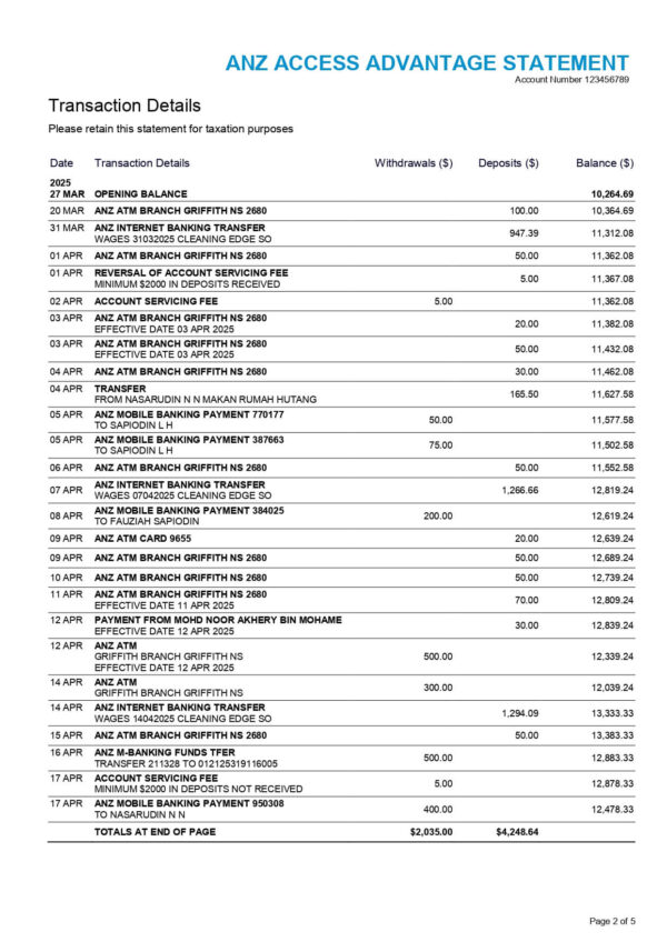 ANZ Bank Statement