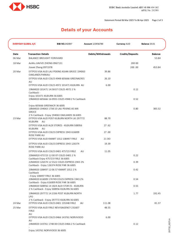 HSBC AU Bank Statement