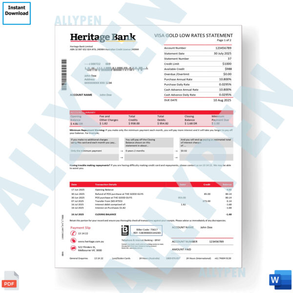 Heritage Bank Statement