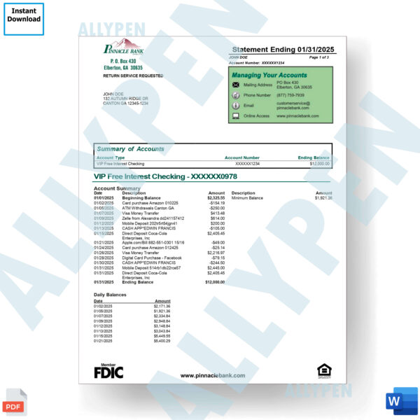 Pinnacle Bank Statement