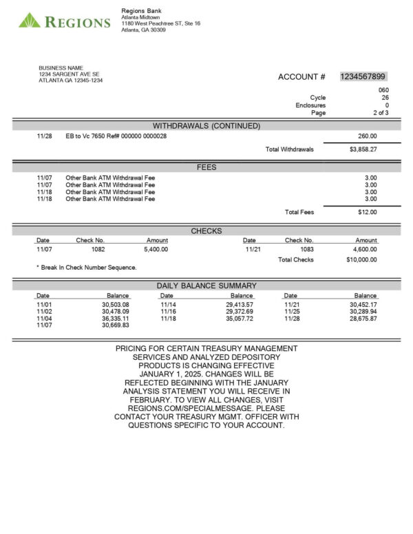 Region Bank Statement - Lifegreen Business Checking