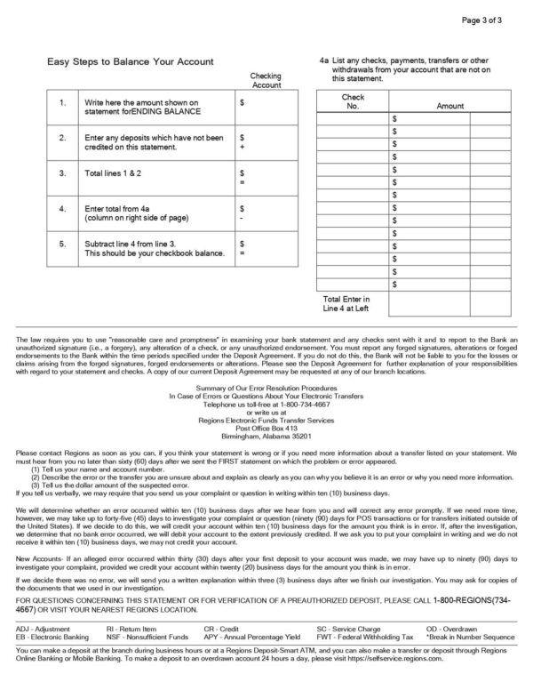 Region Bank Statement - Lifegreen Business Checking