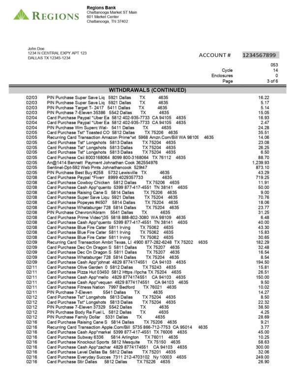Region Bank Statement - Lifegreen  Checking