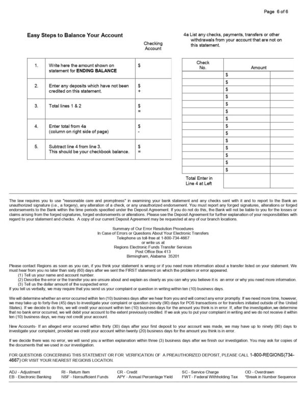 Region Bank Statement - Lifegreen  Checking