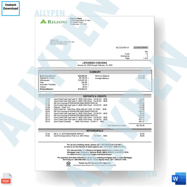 Region Bank Statement - Lifegreen  Checking