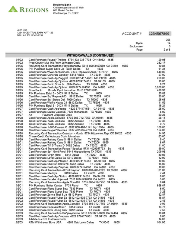 Region Bank Statement - Lifegreen  Checking