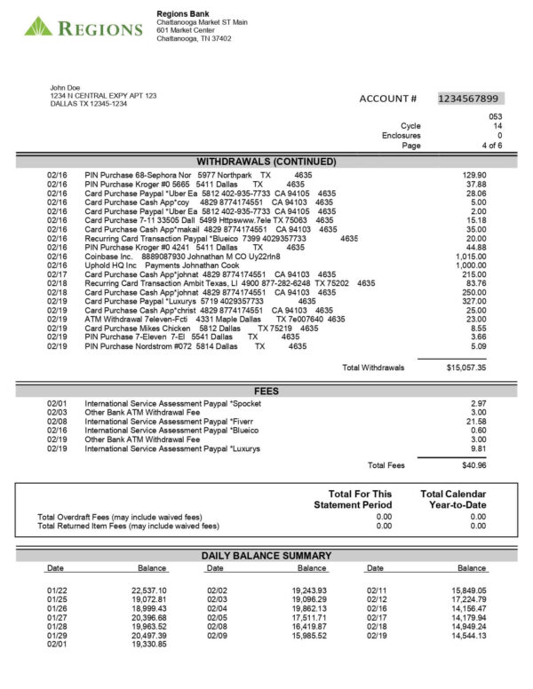 Region Bank Statement - Lifegreen  Checking