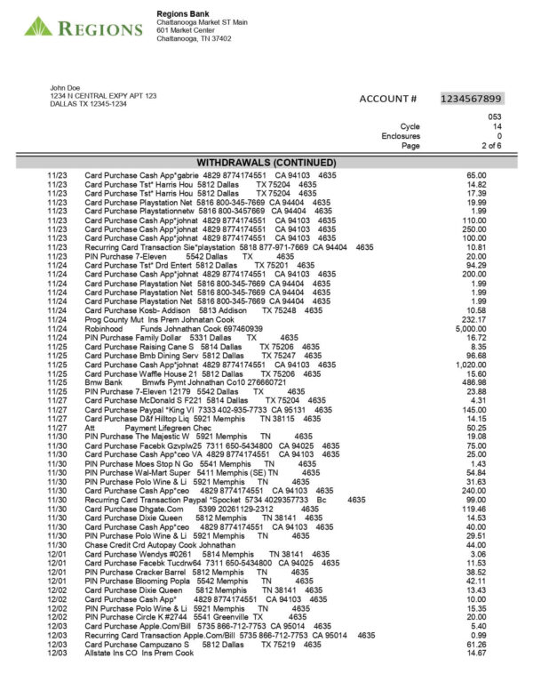 Region Bank Statement - Lifegreen Checking for Students