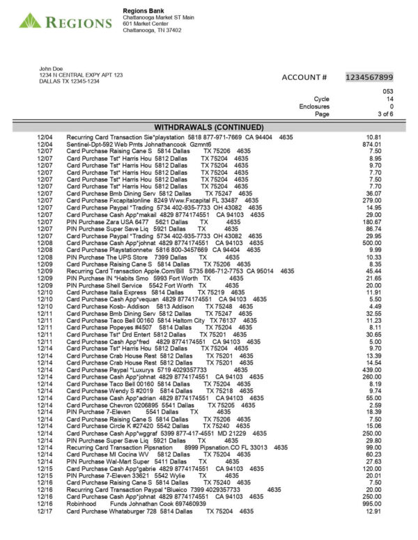 Region Bank Statement - Lifegreen Checking for Students