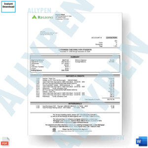 Region Bank Statement - Lifegreen  Checking for Students