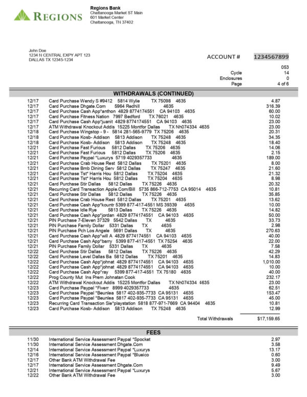Region Bank Statement - Lifegreen Checking for Students