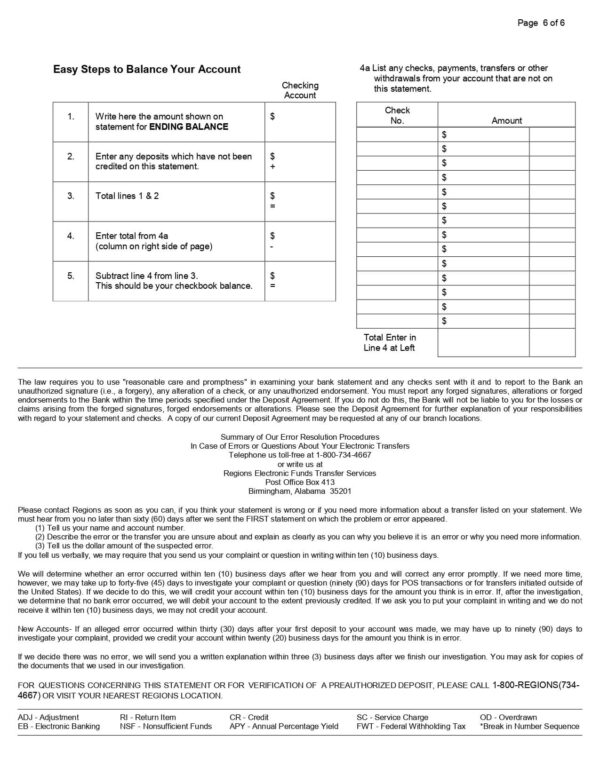 Region Bank Statement - Lifegreen Checking for Students