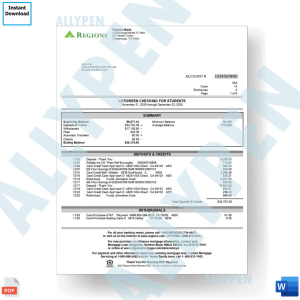 Region Bank Statement - Lifegreen  Checking for Students