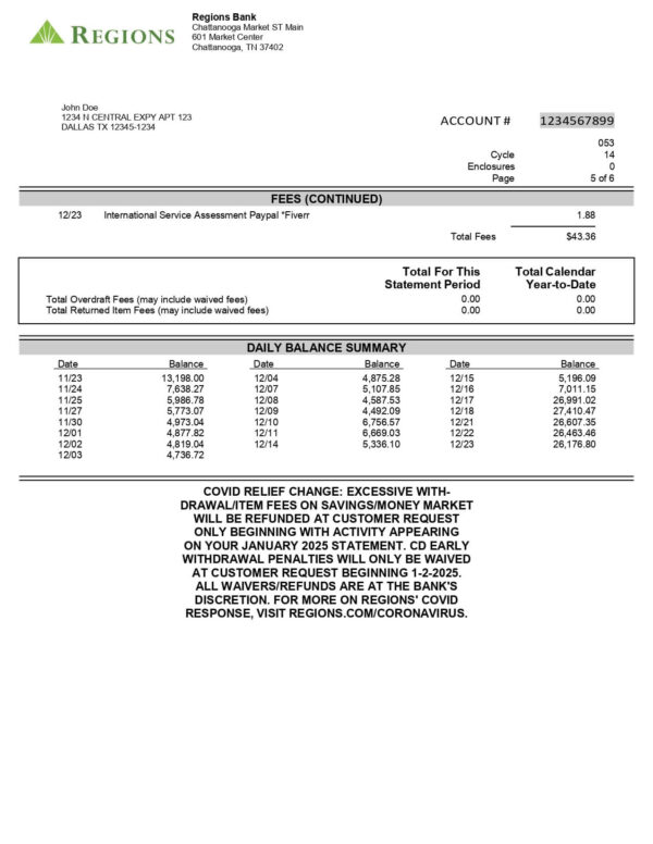 Region Bank Statement - Lifegreen  Checking for Students