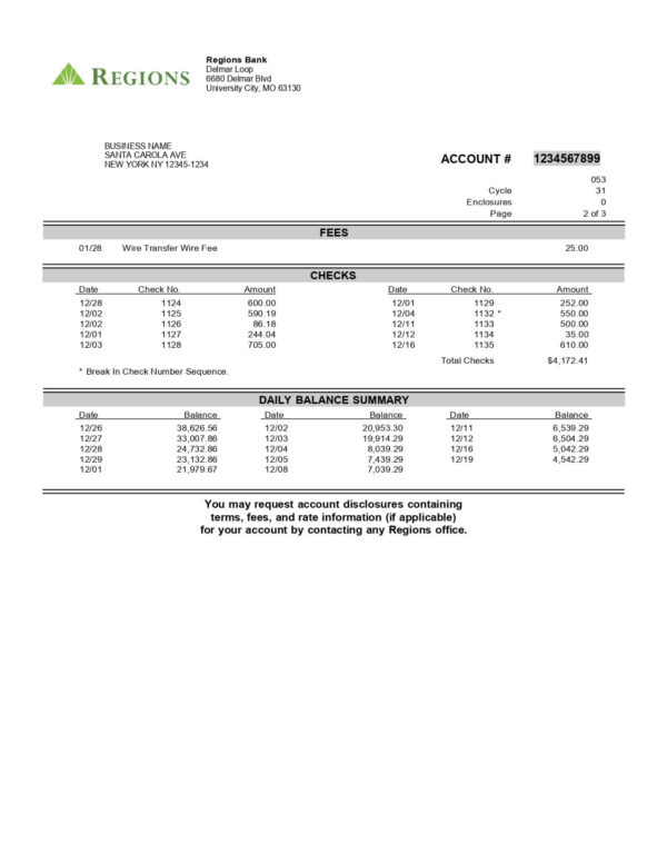 Regions Bank Statement - Lifegreen Business Simple Checking