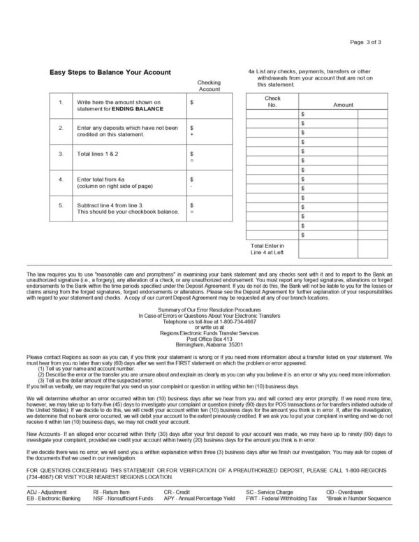 Regions Bank Statement - Lifegreen Business Simple Checking