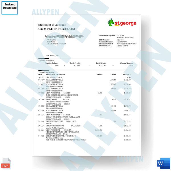 St George Bank Statement