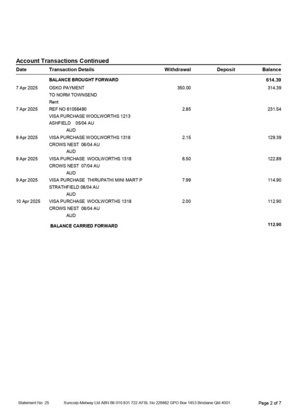 Suncorp Bank Statement