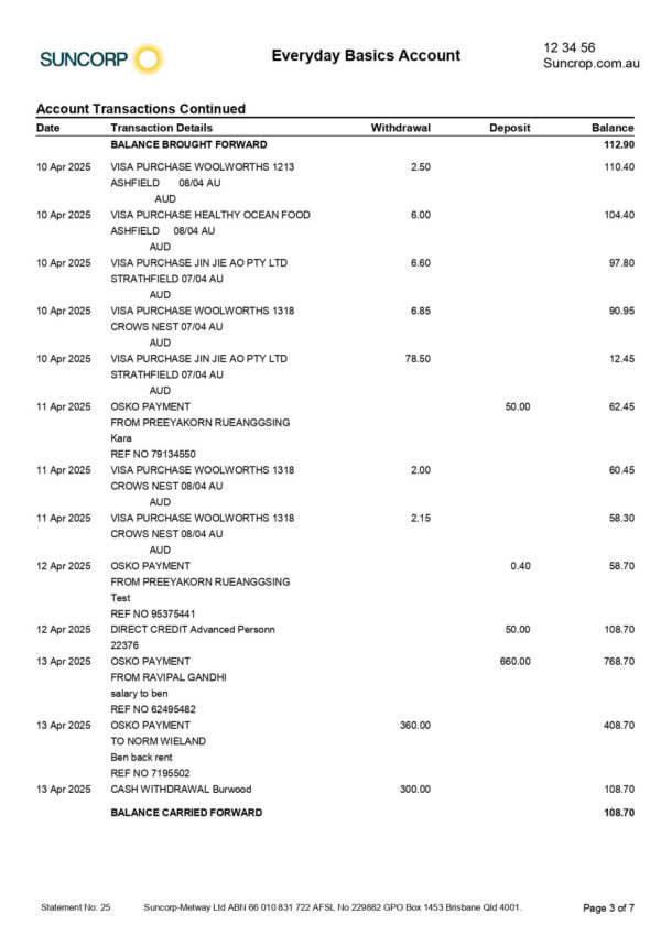 Suncorp Bank Statement