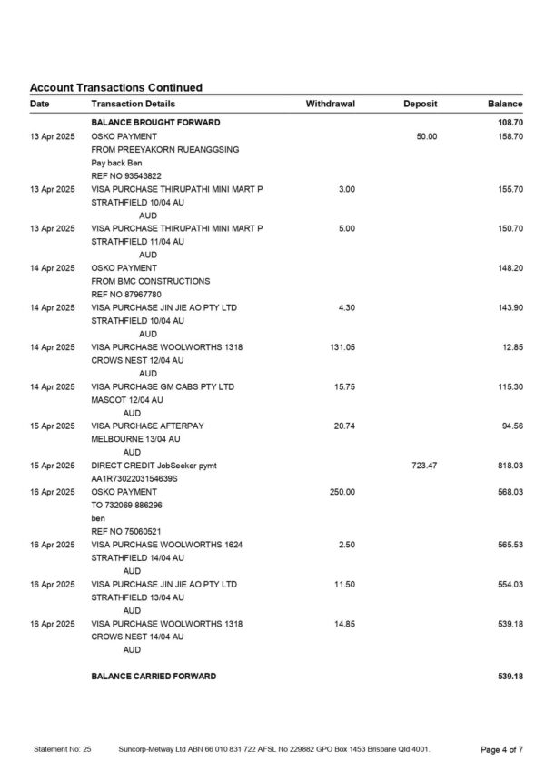 Suncorp Bank Statement