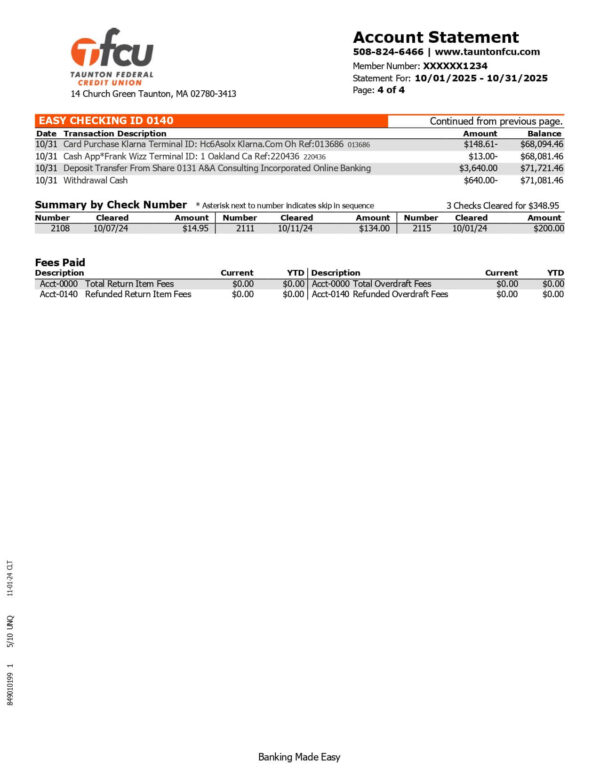 Taunton Federal Credit Union Statement