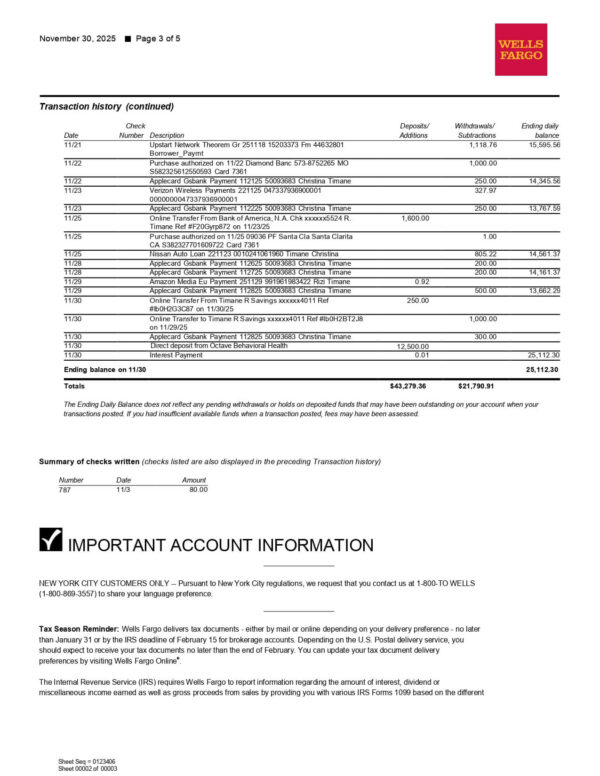 Wells Fargo Bank Statement - Complete Advantage Checking