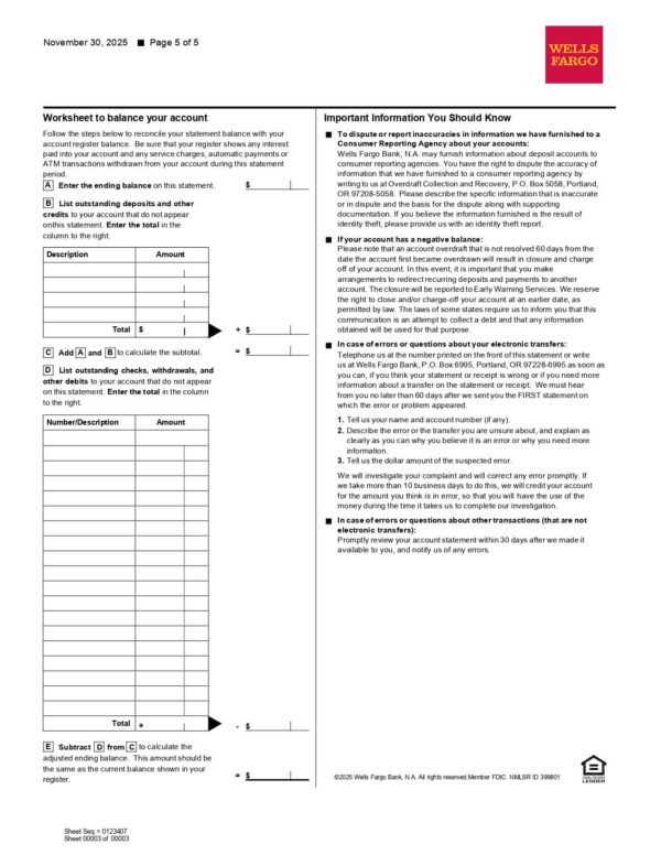 Wells Fargo Bank Statement - Complete Advantage Checking