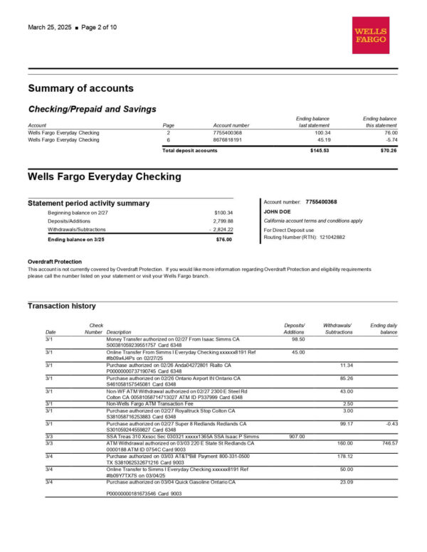 Wells Fargo Combined Statement of Accounts