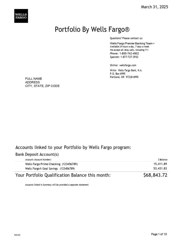 Wells Fargo Prime Checking Bank Statement