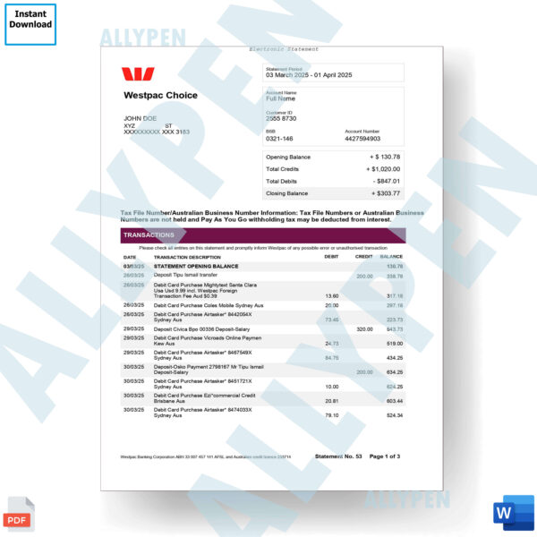 Westpac Bank Statement